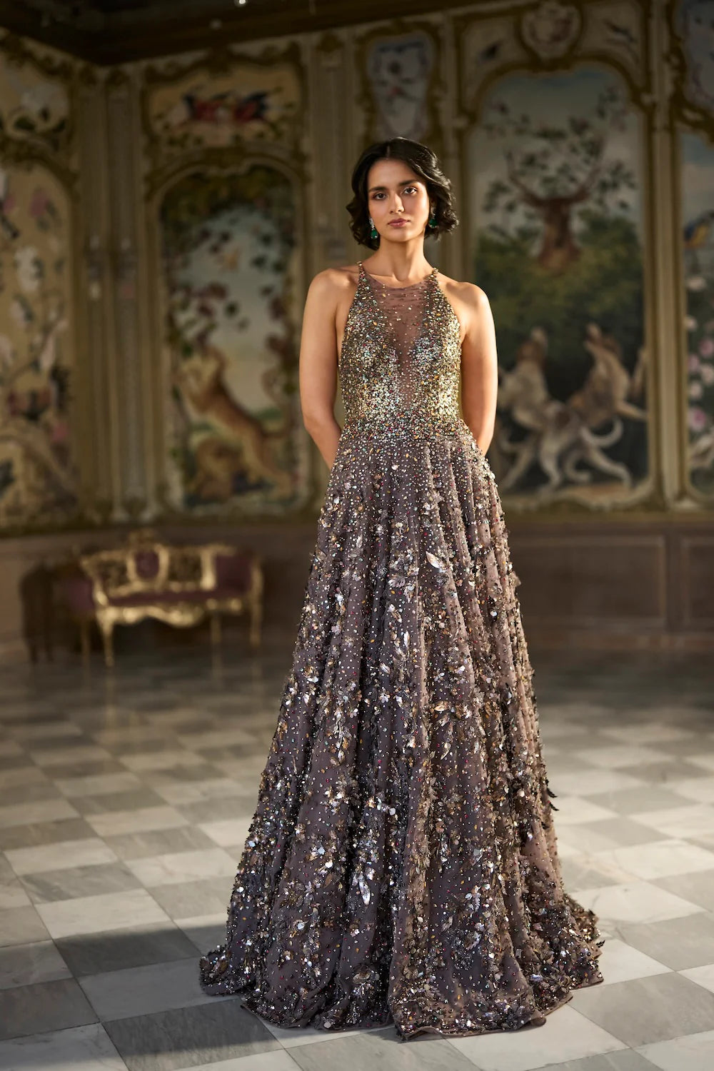 Seema Gujral - Metallic Antique Silver 3D Gown
