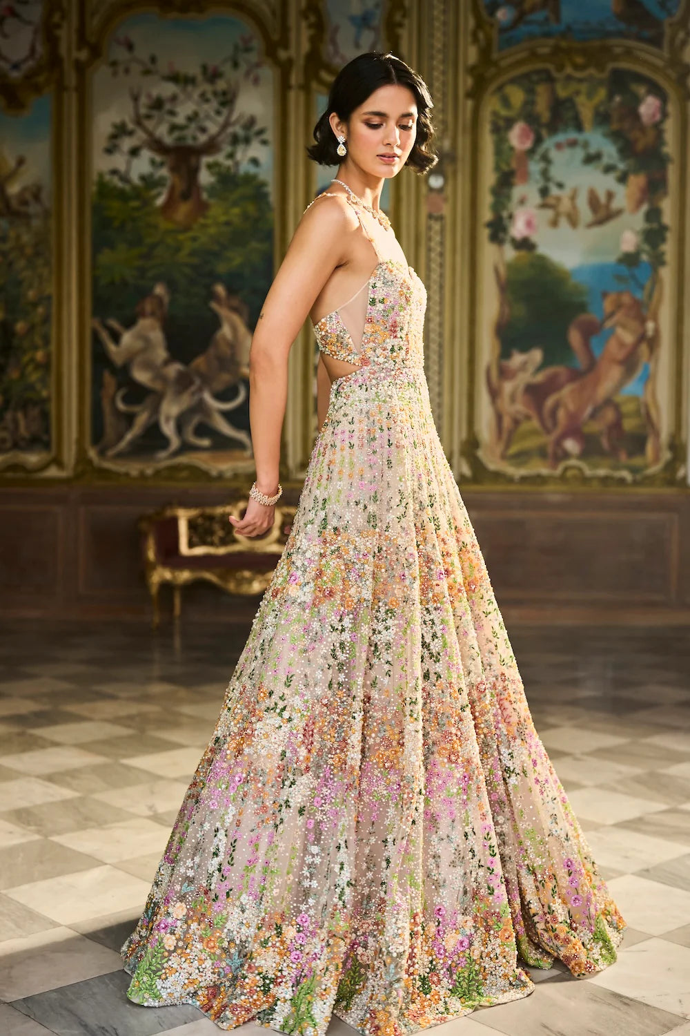 Seema Gujral - Nude Multi-Coloured Floral Gown
