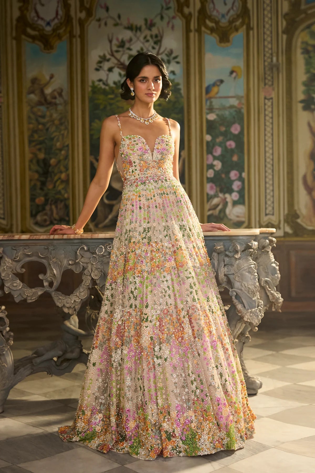 Seema Gujral - Nude Multi-Coloured Floral Gown