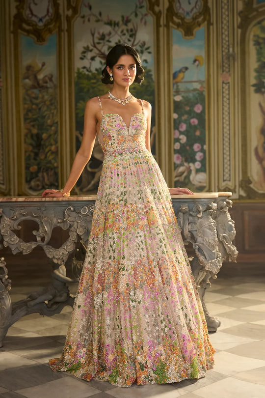 Seema Gujral - Nude Multi-Coloured Floral Gown