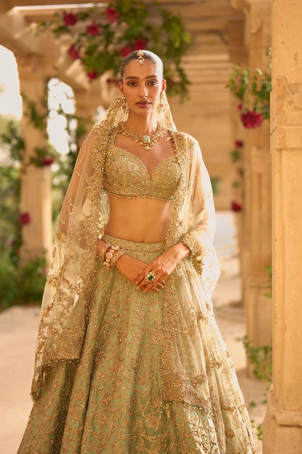 Seema Gujral - Sage Green Applique Work Lehenga Set