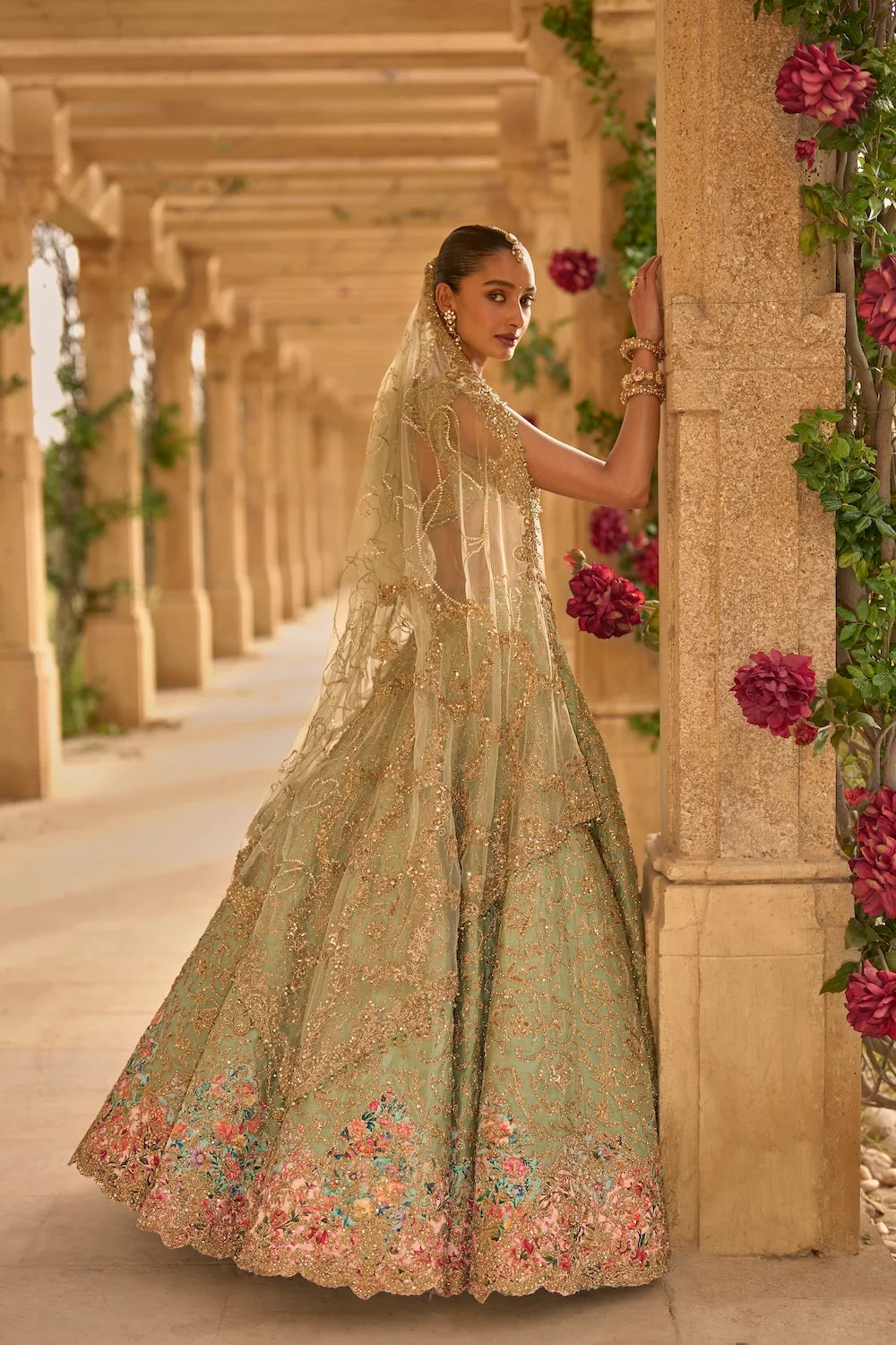 Seema Gujral - Sage Green Applique Work Lehenga Set