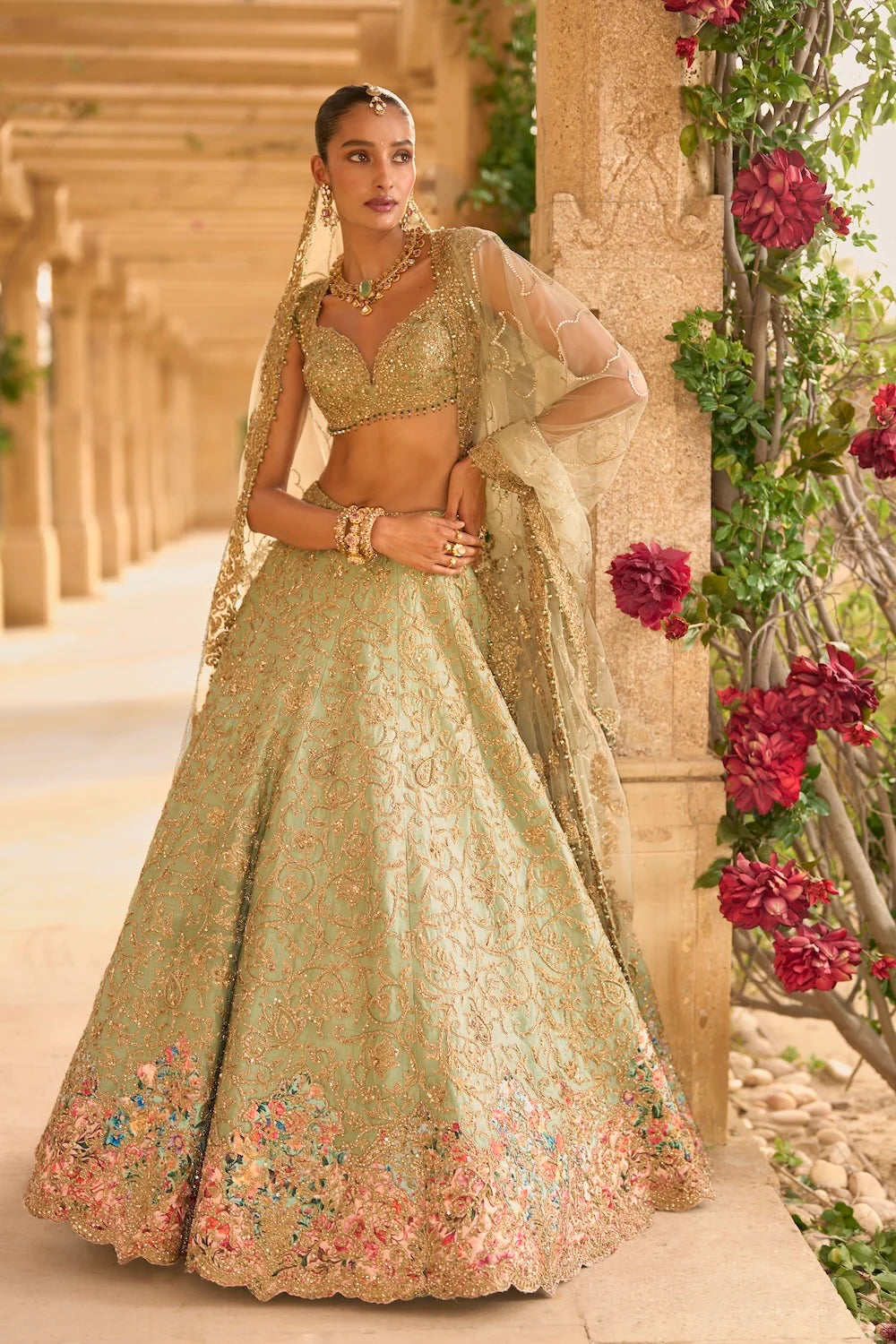 Seema Gujral - Sage Green Applique Work Lehenga Set