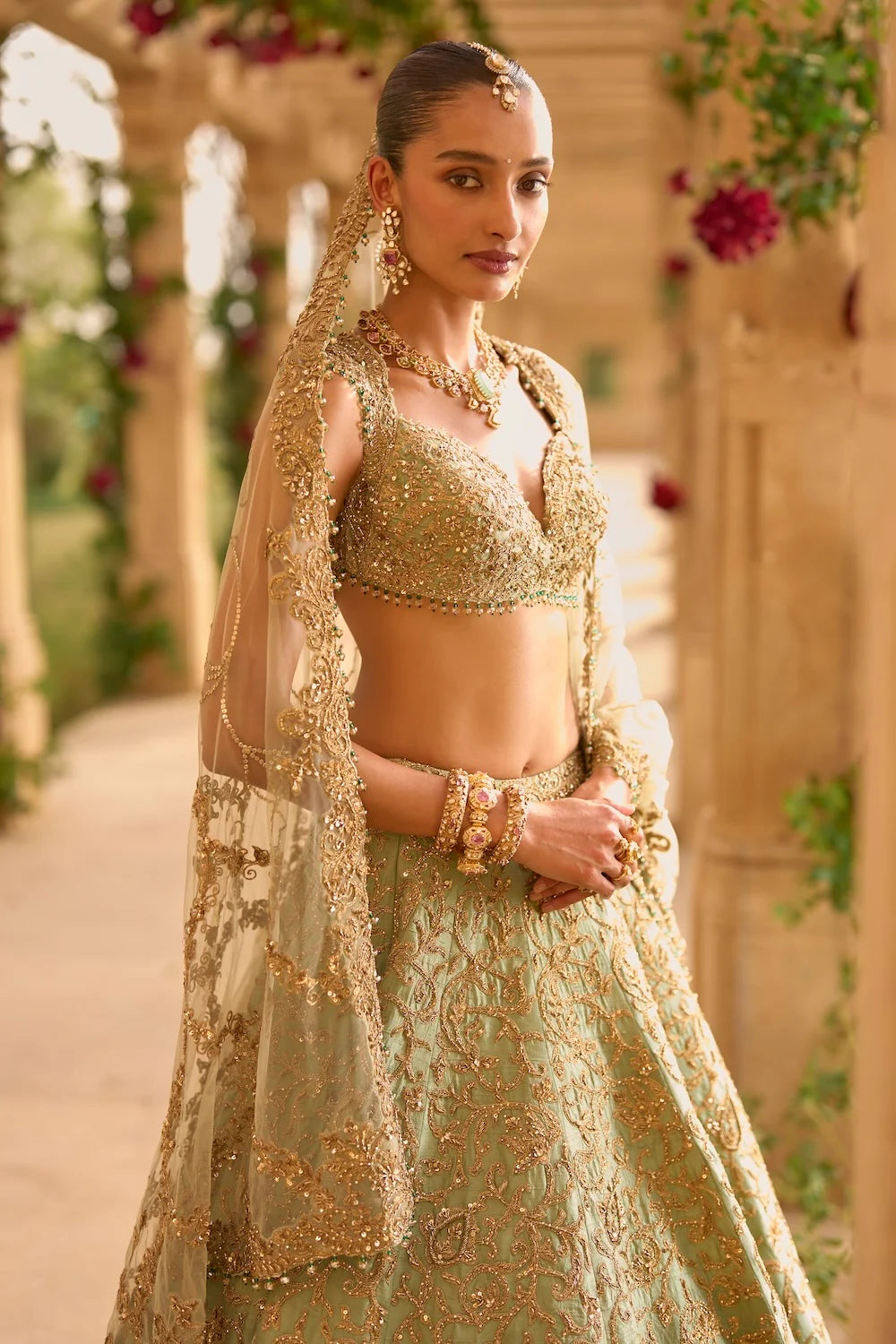 Seema Gujral - Sage Green Applique Work Lehenga Set