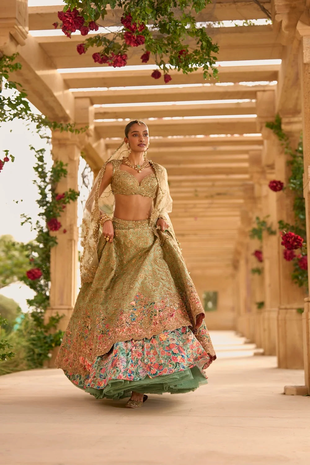 Seema Gujral - Sage Green Applique Work Lehenga Set