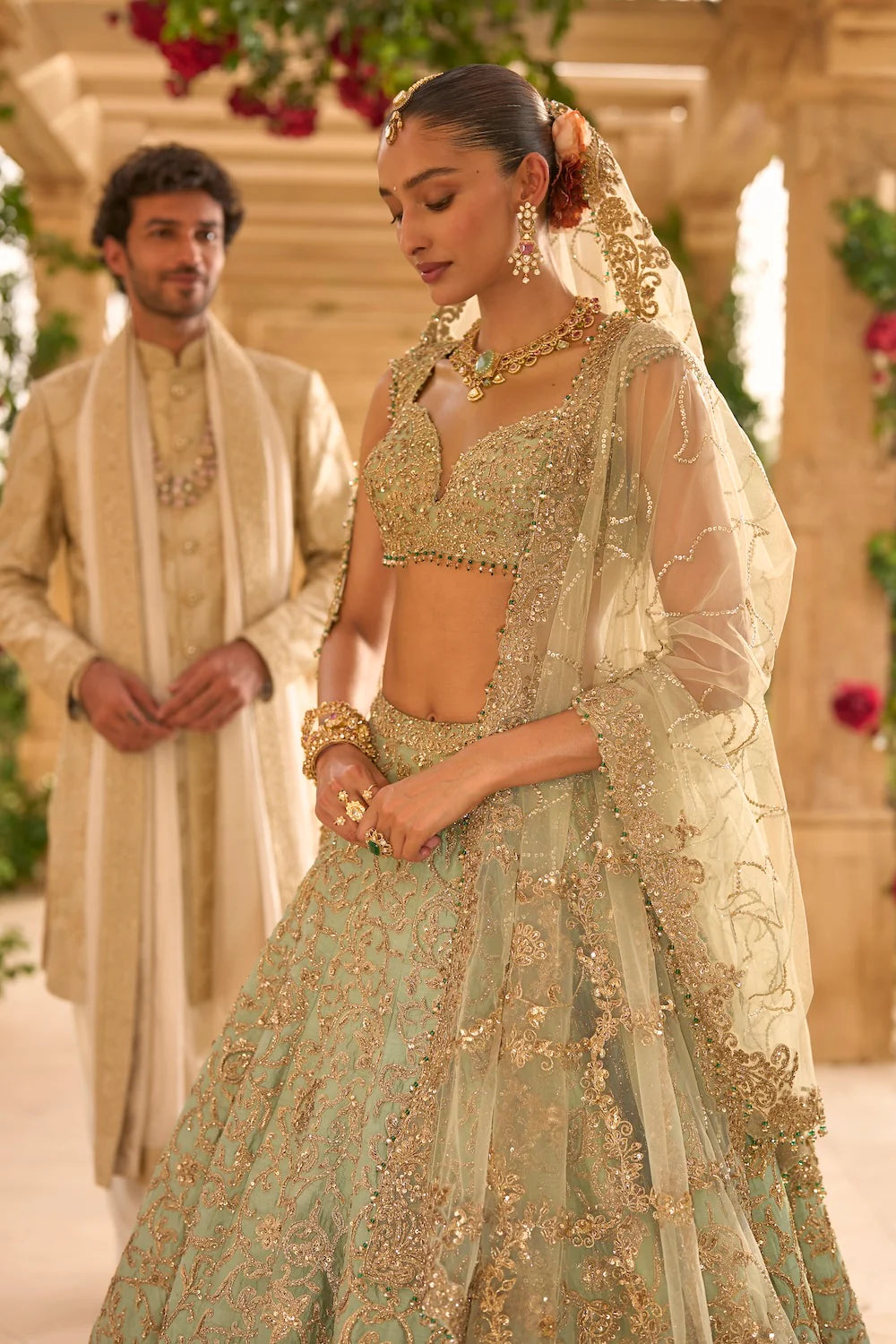 Seema Gujral - Sage Green Applique Work Lehenga Set