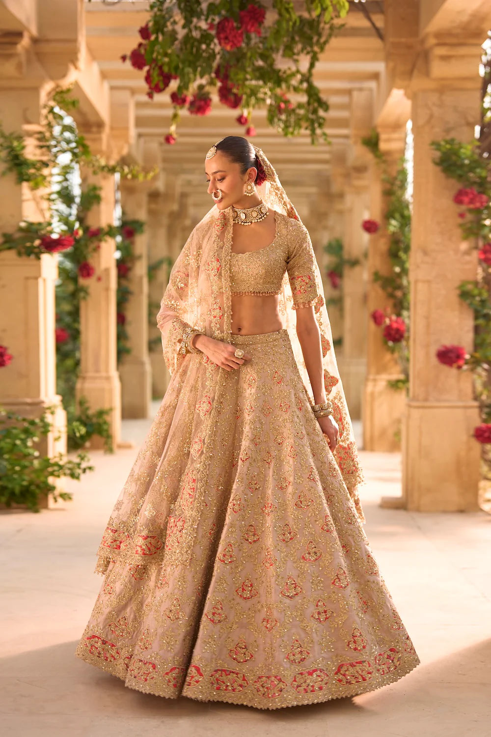 Seema Gujral - Nude Gold Applique Work Lehenga Set