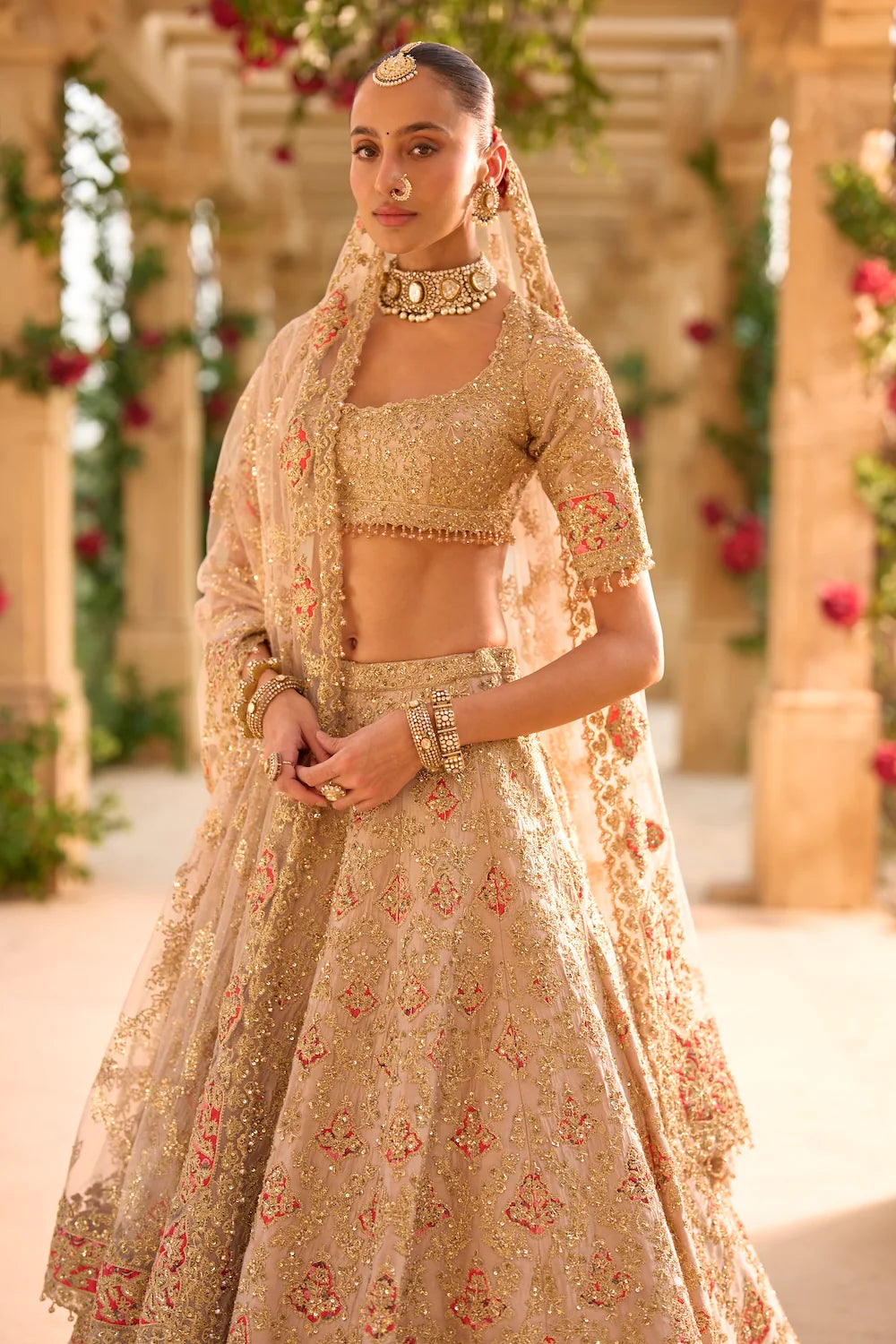 Seema Gujral - Nude Gold Applique Work Lehenga Set