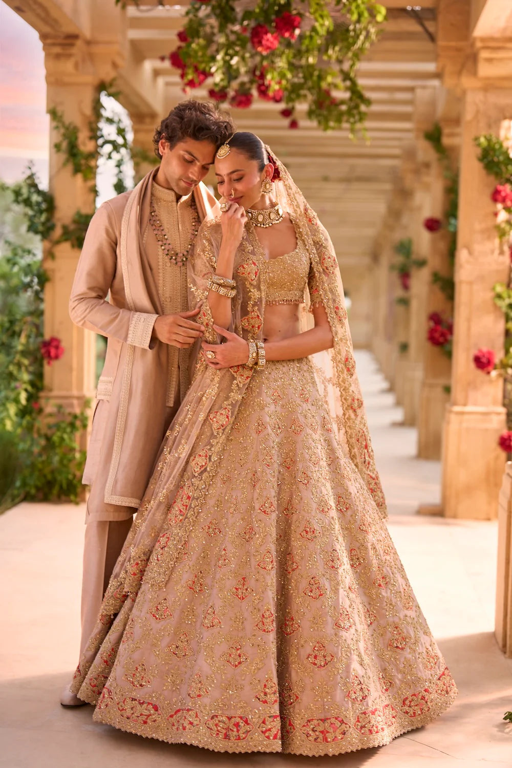 Seema Gujral - Nude Gold Applique Work Lehenga Set