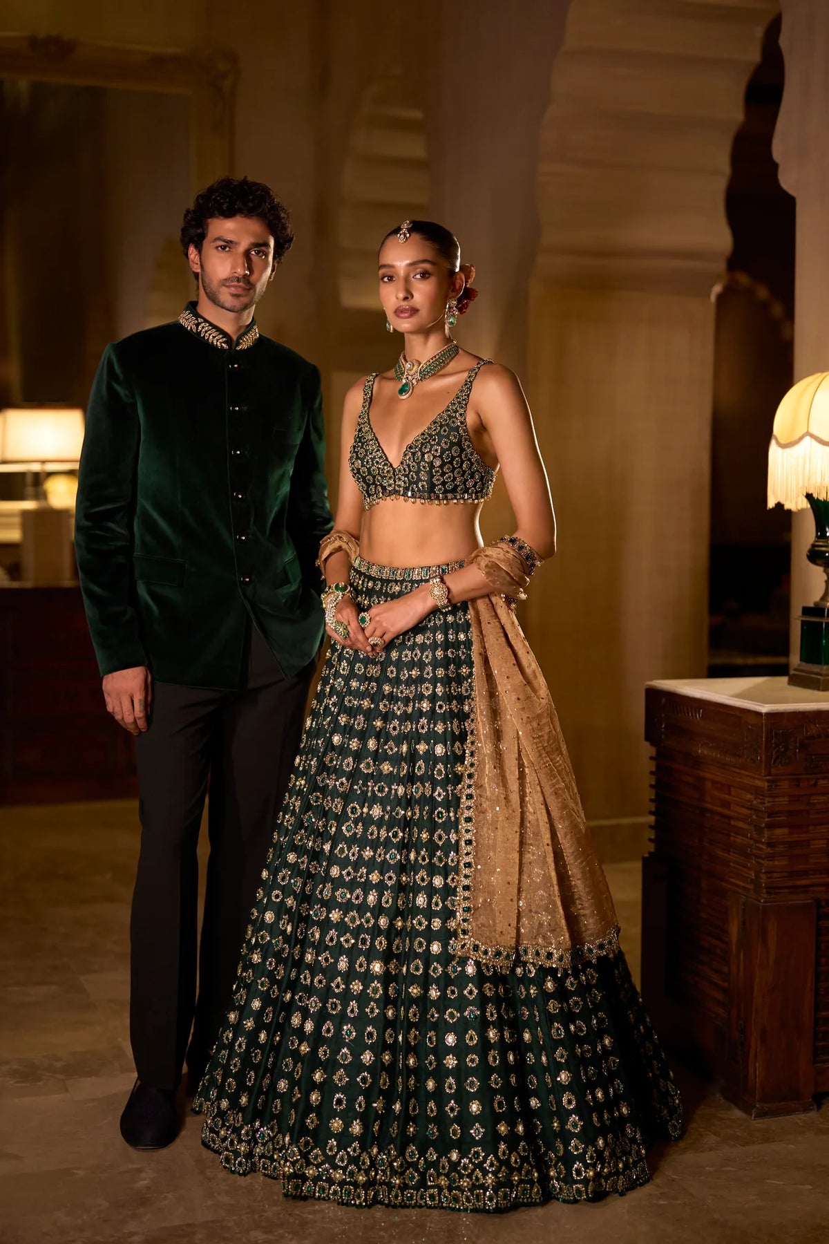Seema Gujral - Emerald Green Velvet Bandhgala Set
