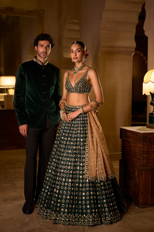 Seema Gujral - Emerald Green Velvet Bandhgala Set