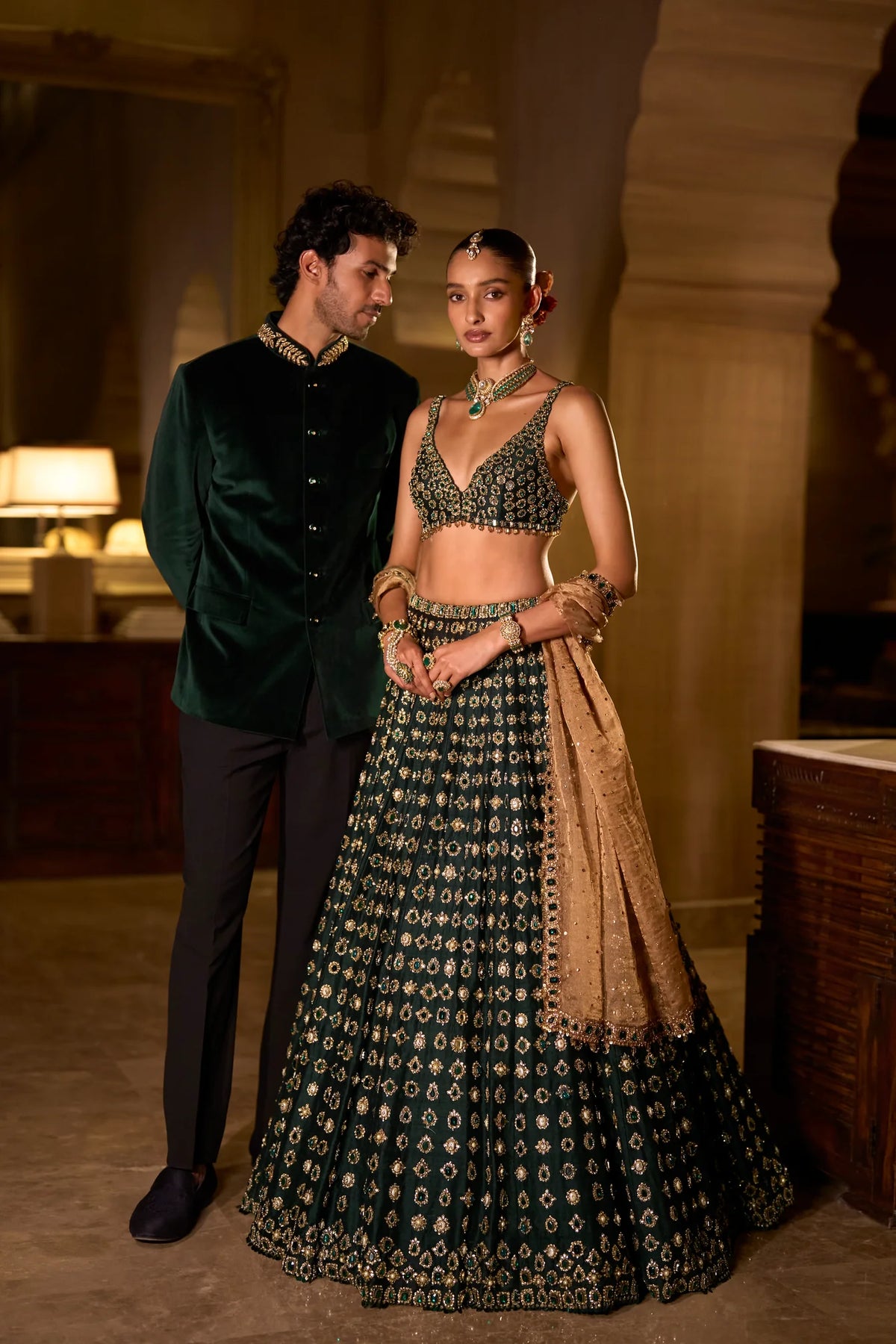 Seema Gujral - Emerald Green Velvet Bandhgala Set