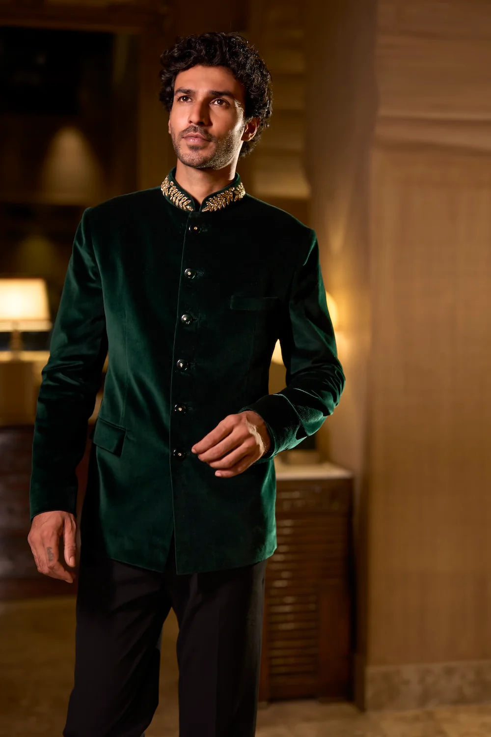 Seema Gujral - Emerald Green Velvet Bandhgala Set