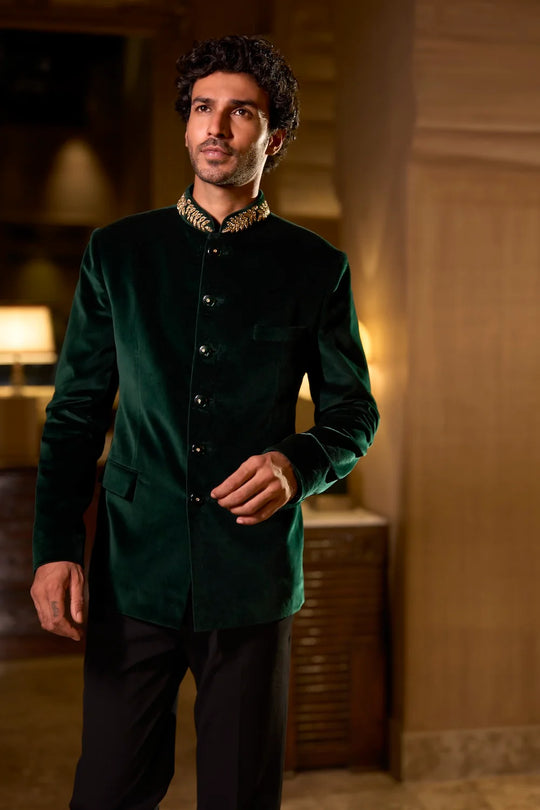 Seema Gujral - Emerald Green Velvet Bandhgala Set