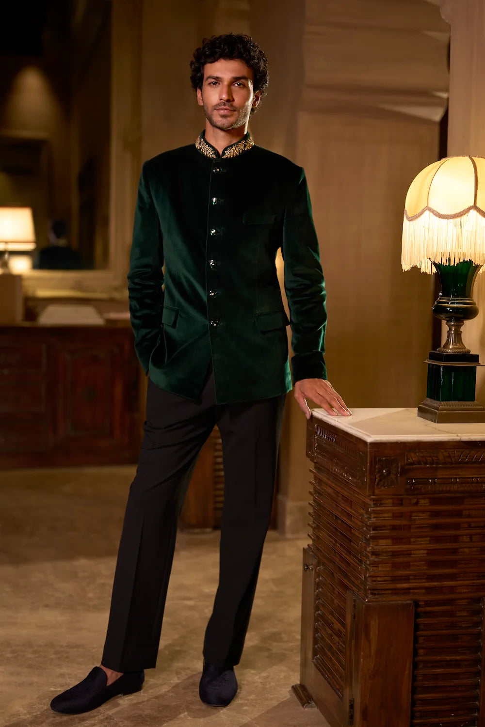 Seema Gujral - Emerald Green Velvet Bandhgala Set