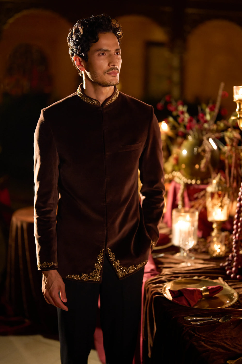 Seema Gujral - Brown Velvet Bandhgala Set