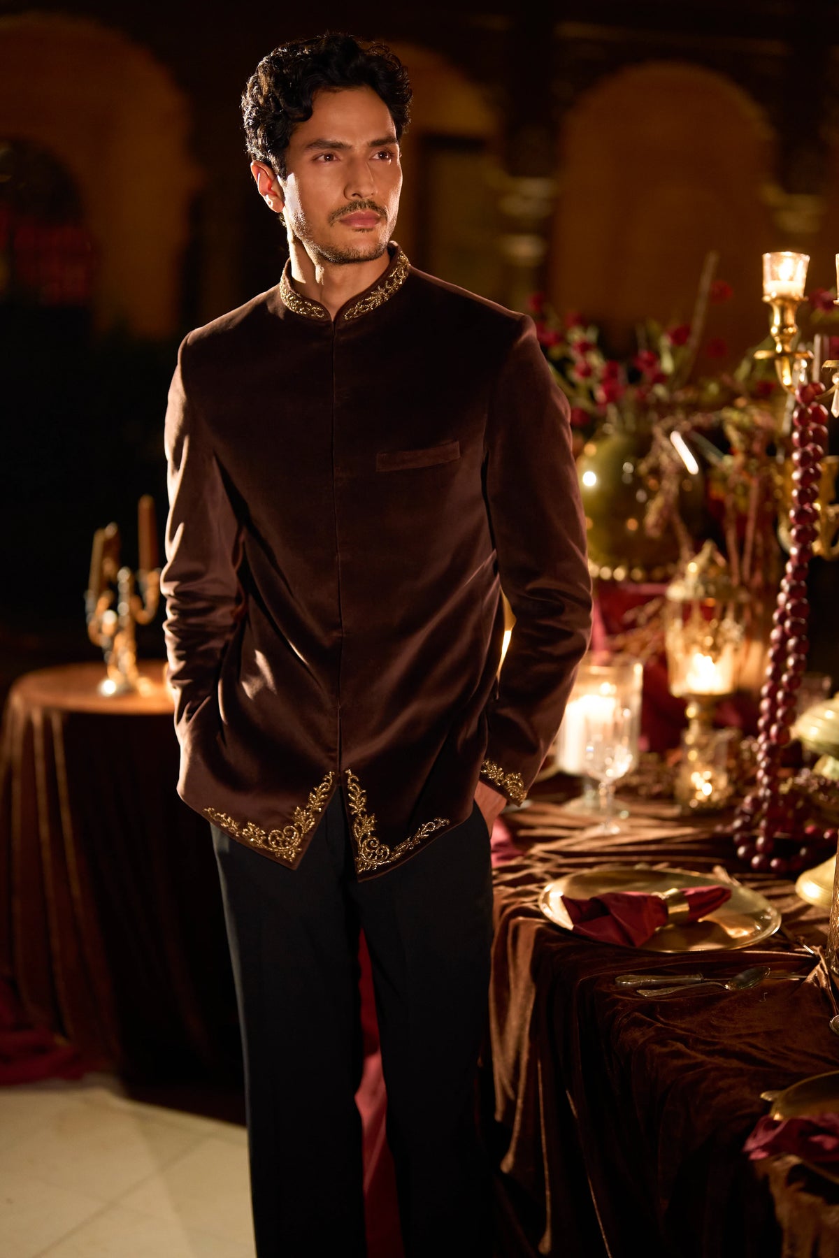 Seema Gujral - Brown Velvet Bandhgala Set