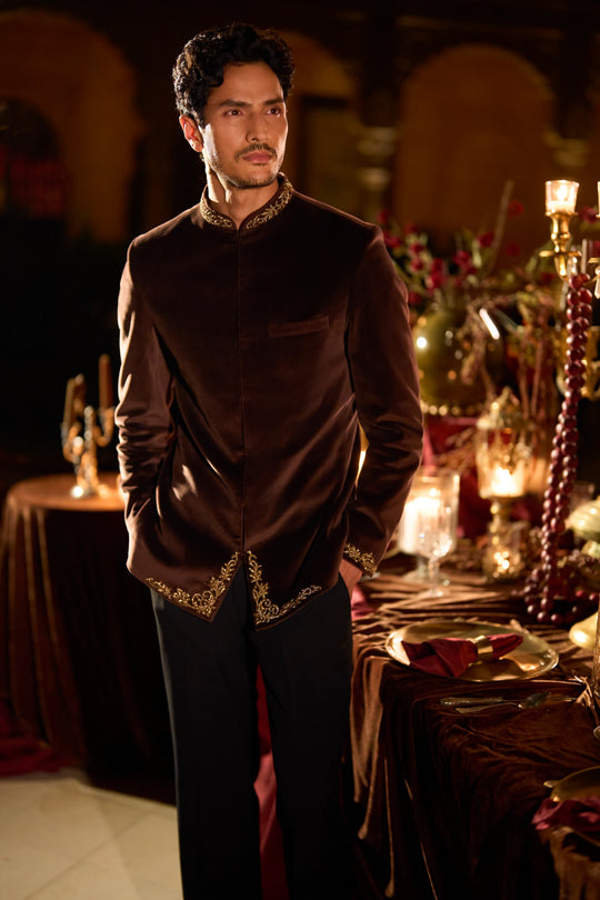 Seema Gujral - Brown Velvet Bandhgala Set