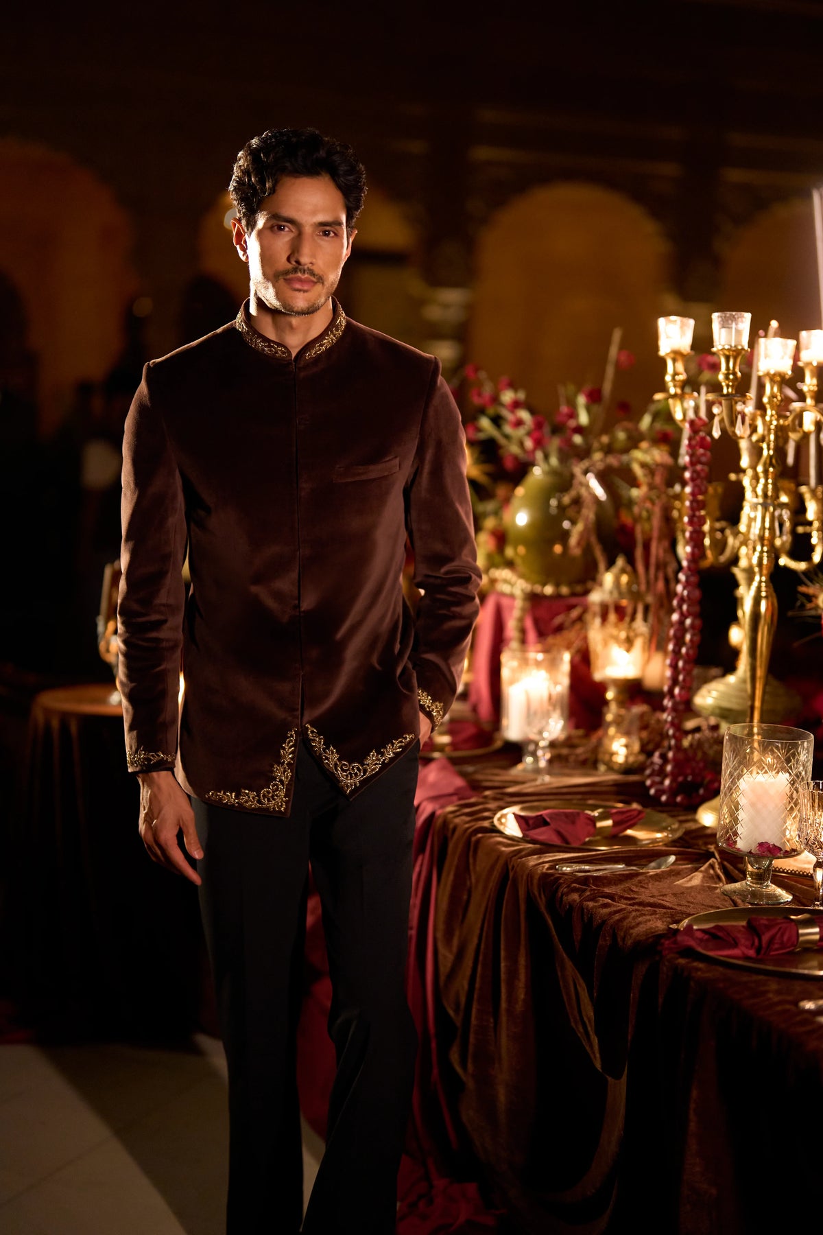 Seema Gujral - Brown Velvet Bandhgala Set