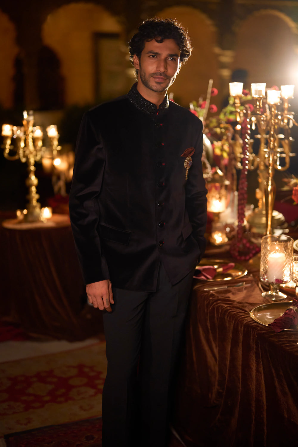 Seema Gujral - Black Velvet Bandhgala Set