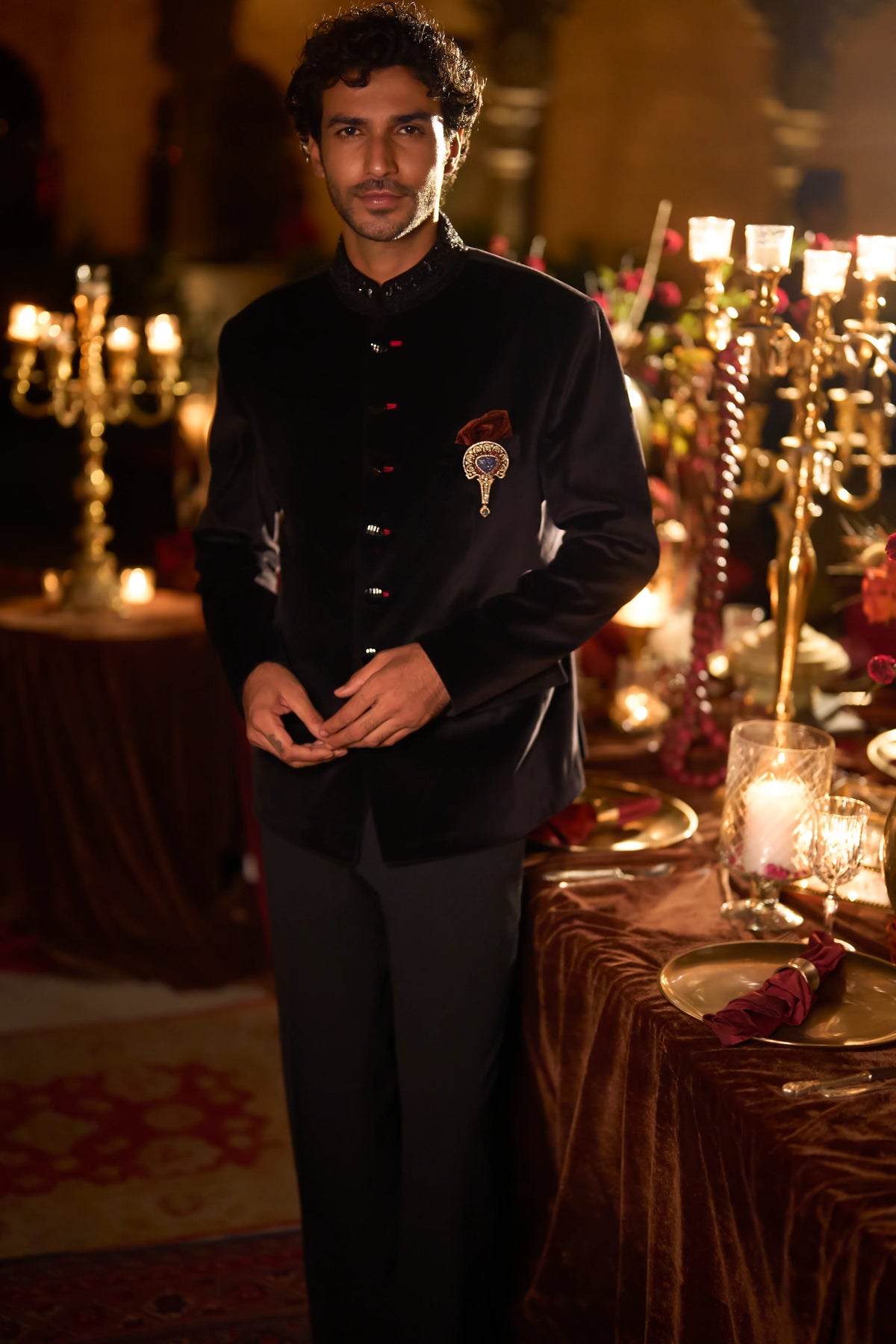 Seema Gujral - Black Velvet Bandhgala Set