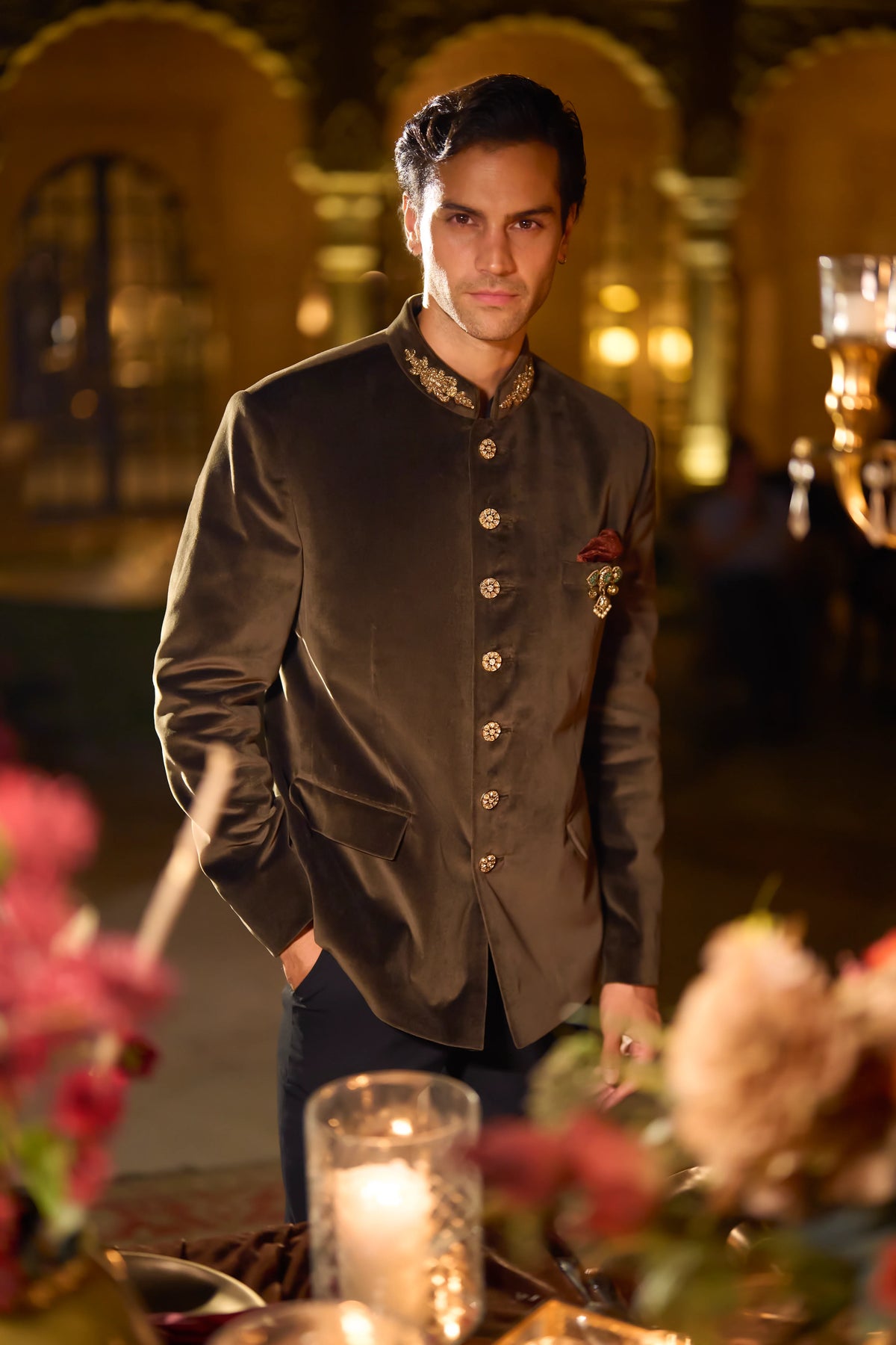 Seema Gujral - Olive Green Velvet Bandhgala Set