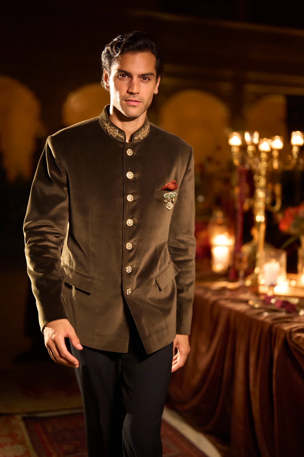Seema Gujral - Olive Green Velvet Bandhgala Set