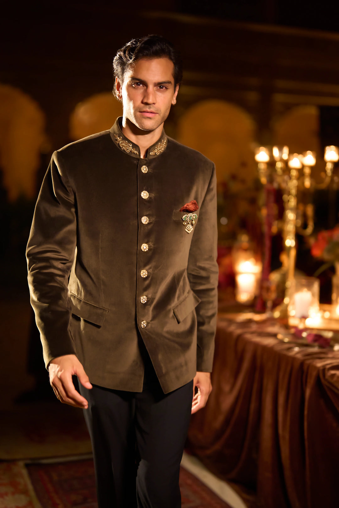 Seema Gujral - Olive Green Velvet Bandhgala Set