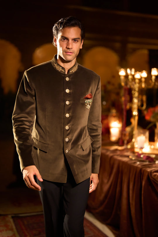 Seema Gujral - Olive Green Velvet Bandhgala Set