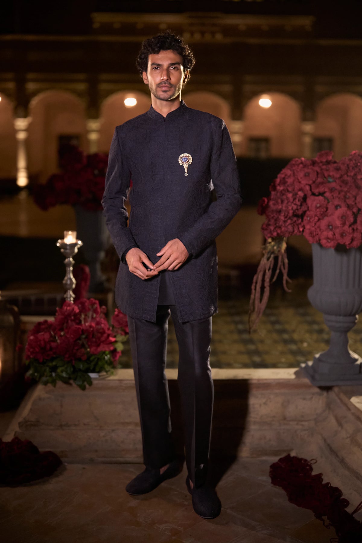 Seema Gujral - Navy Blue Abstract Sherwani Set