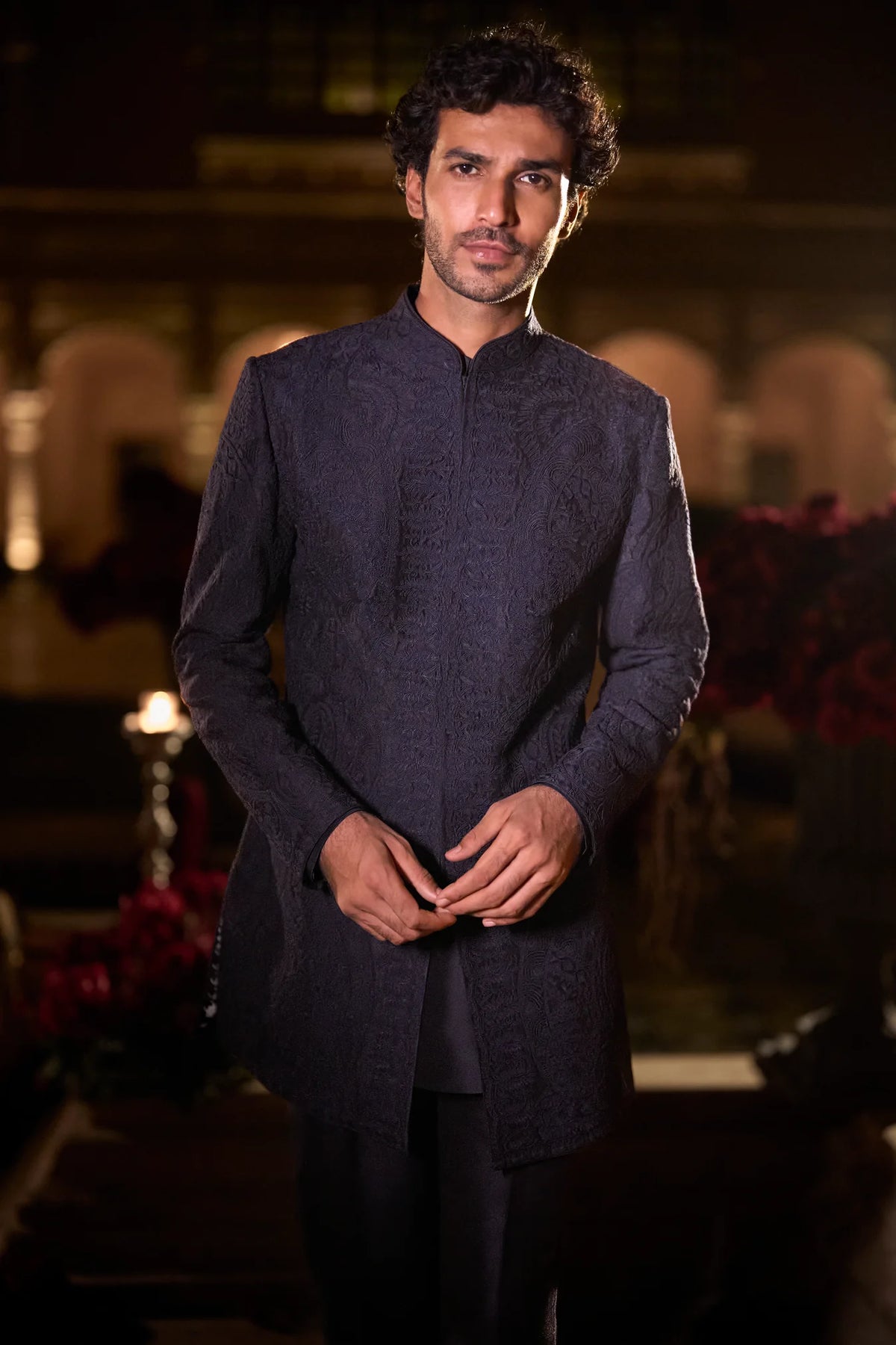 Seema Gujral - Navy Blue Abstract Sherwani Set