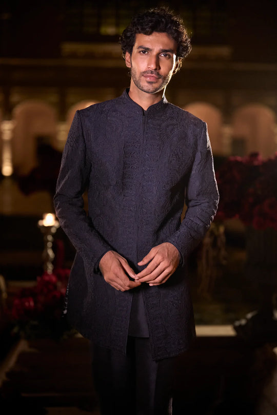 Seema Gujral - Navy Blue Abstract Sherwani Set