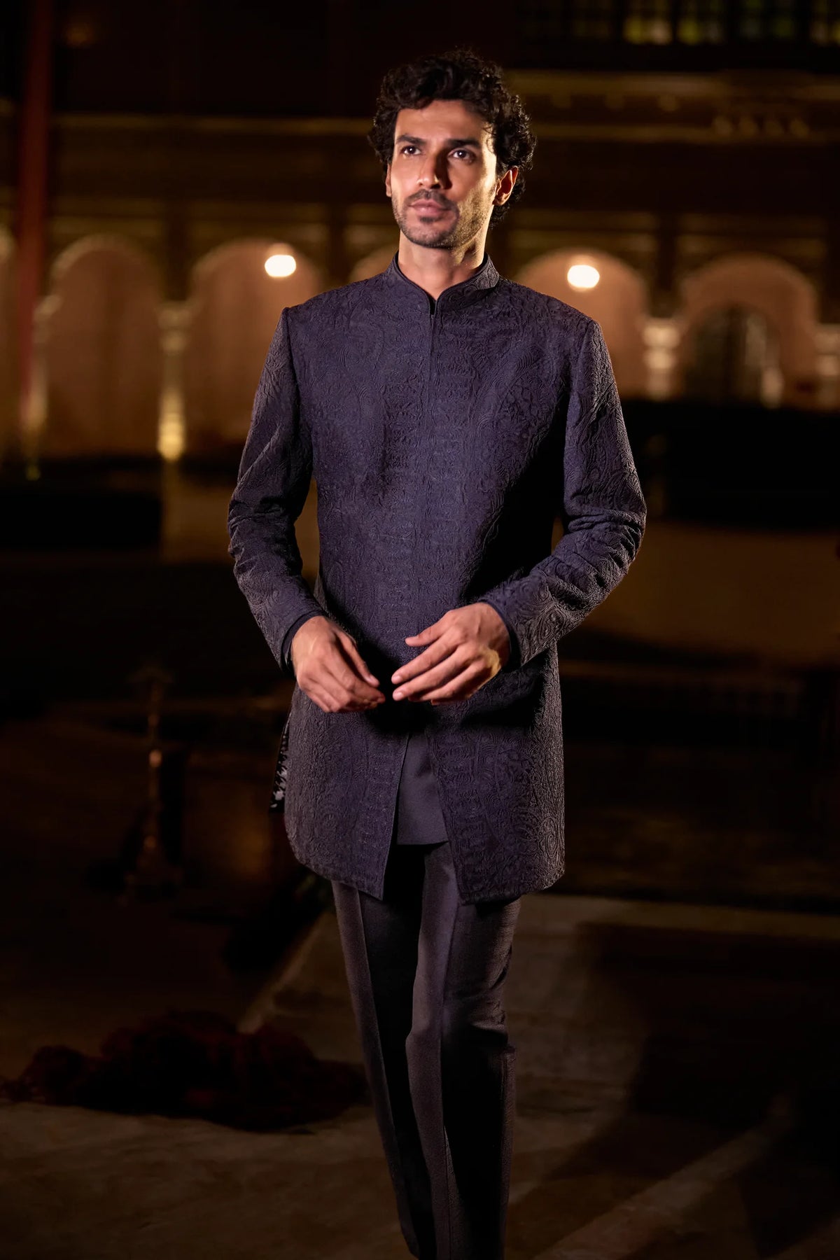 Seema Gujral - Navy Blue Abstract Sherwani Set