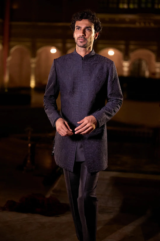 Seema Gujral - Navy Blue Abstract Sherwani Set