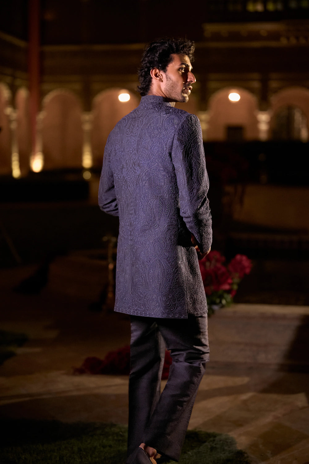 Seema Gujral - Navy Blue Abstract Sherwani Set