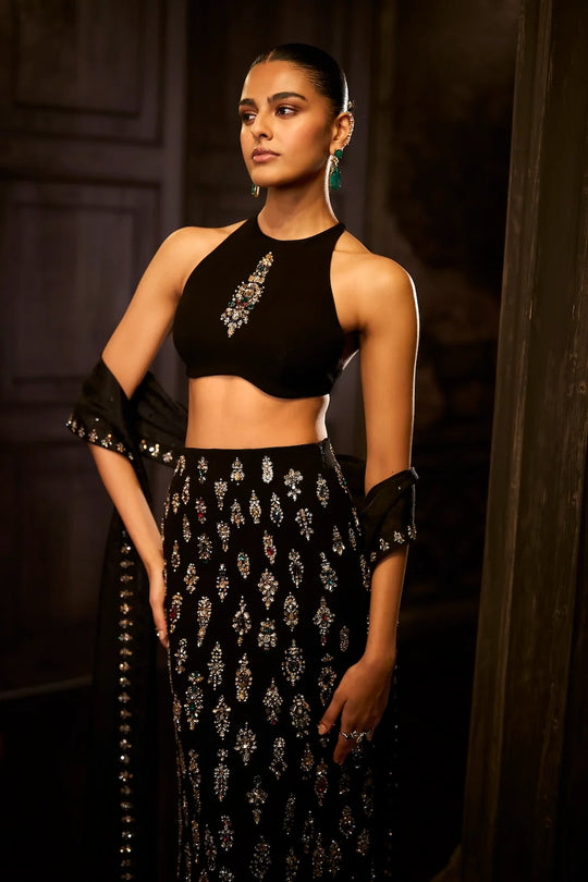 Seema Gujral - Black Crystal Skirt Set