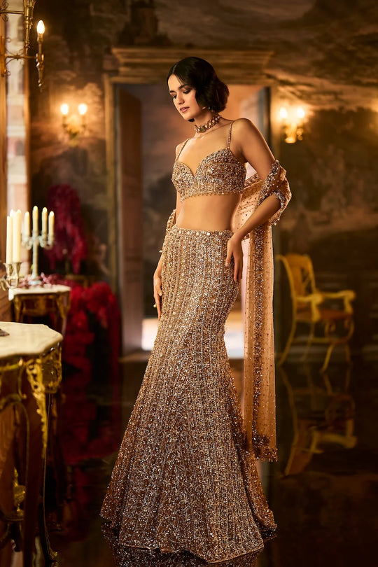 Seema Gujral - Antique Gold Crystal Fit &amp; Flare Skirt Set
