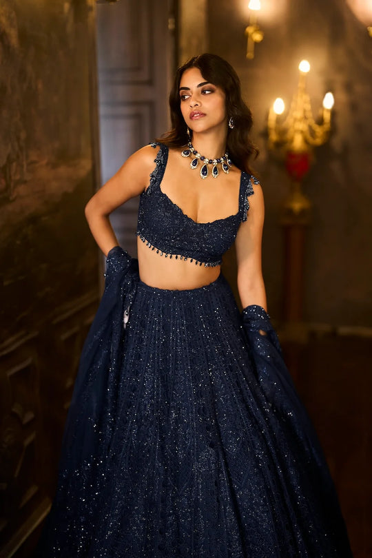 Seema Gujral - Navy Crystal Lehenga Set