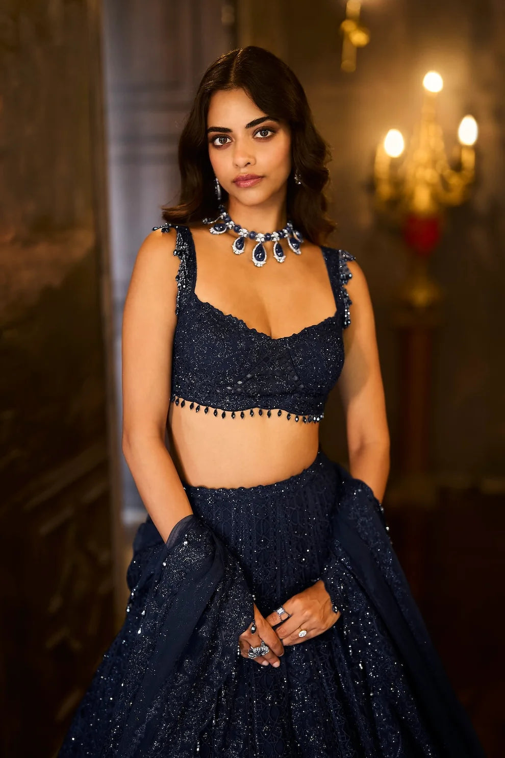 Seema Gujral - Navy Crystal Lehenga Set