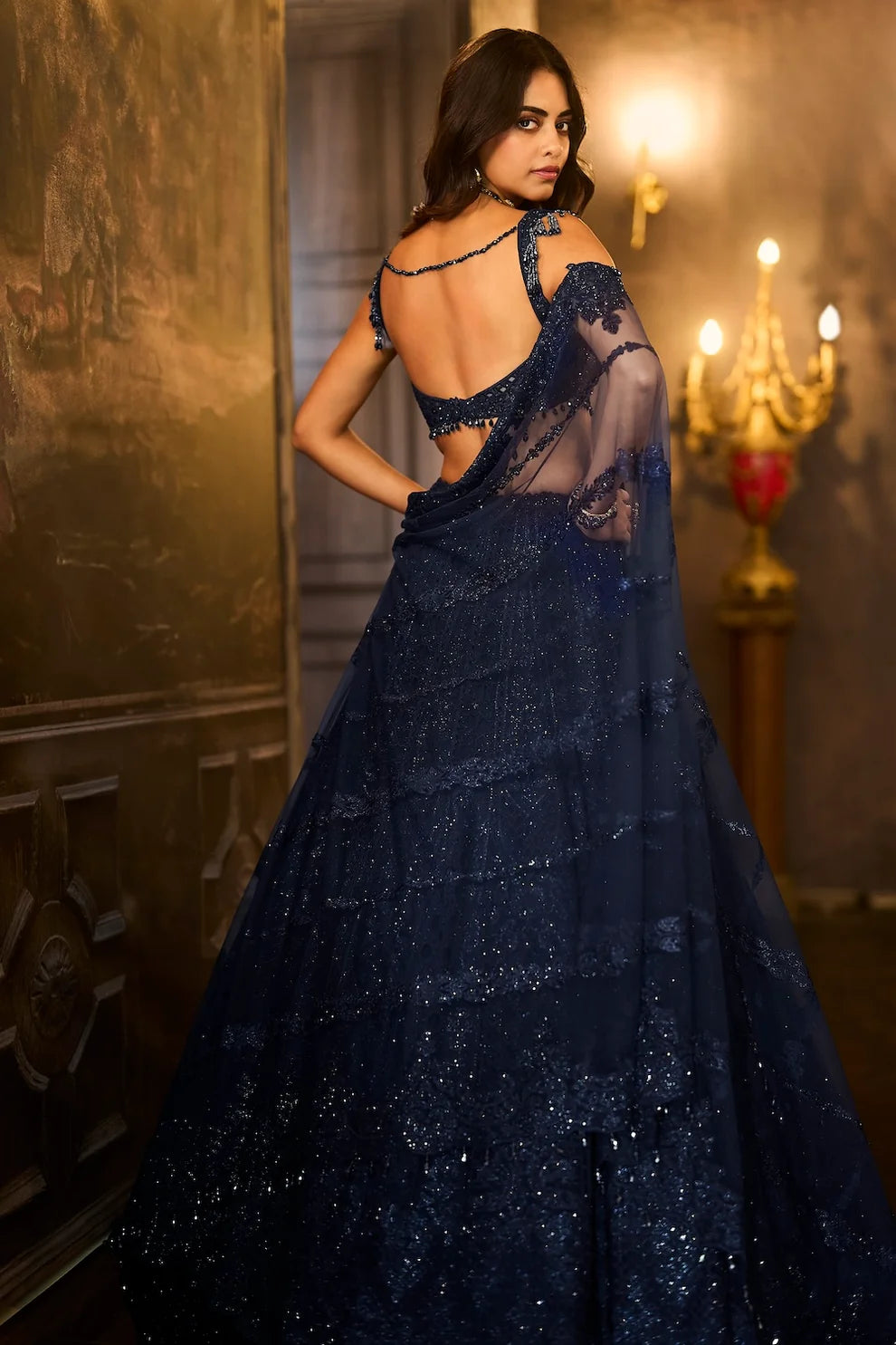 Seema Gujral - Navy Crystal Lehenga Set