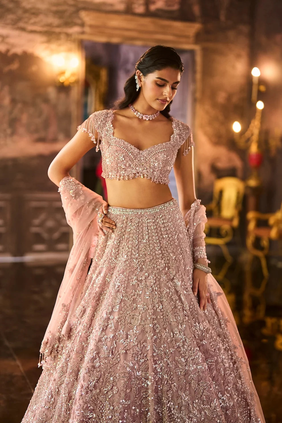 Seema Gujral - Dusty Peach Sequin Lehenga Set