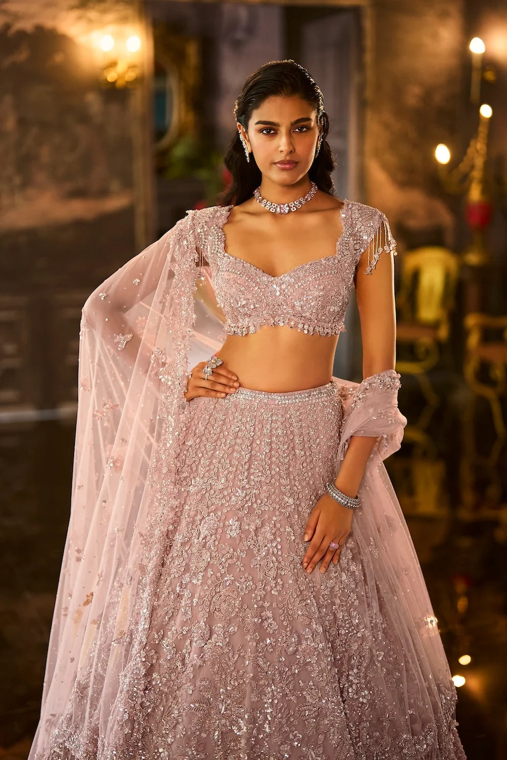 Seema Gujral - Dusty Peach Sequin Lehenga Set