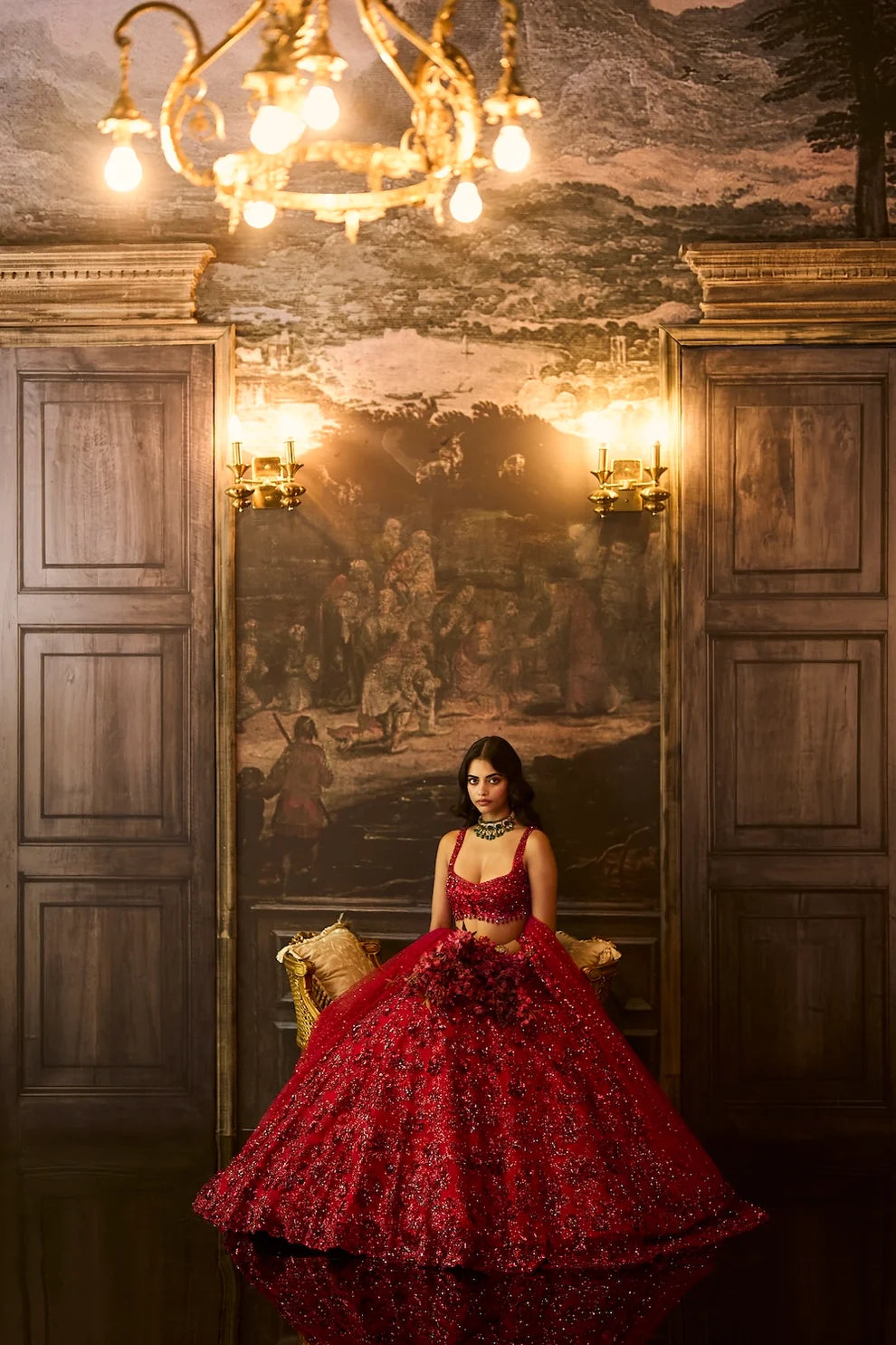 Seema Gujral - Red Sequin &amp; Crystal Lehenga Set