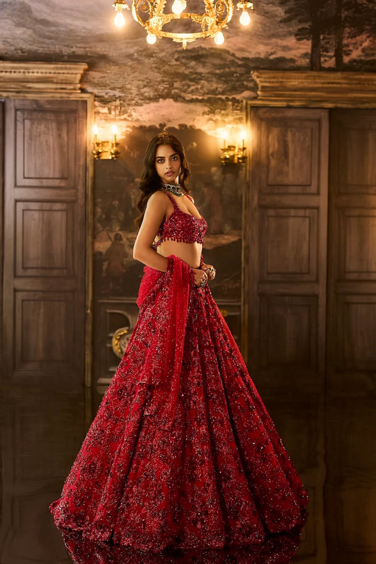 Seema Gujral - Red Sequin &amp; Crystal Lehenga Set