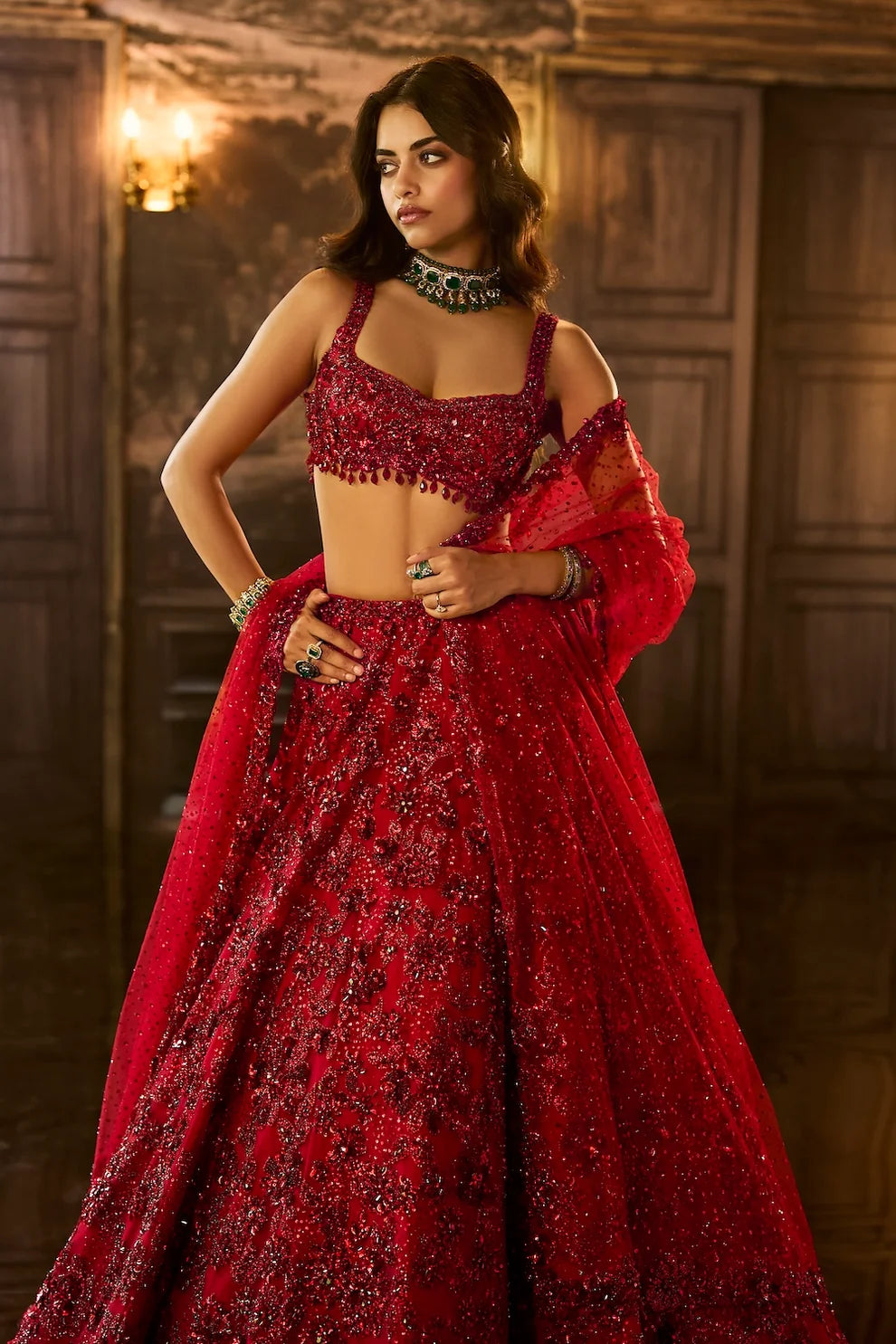 Seema Gujral - Red Sequin &amp; Crystal Lehenga Set