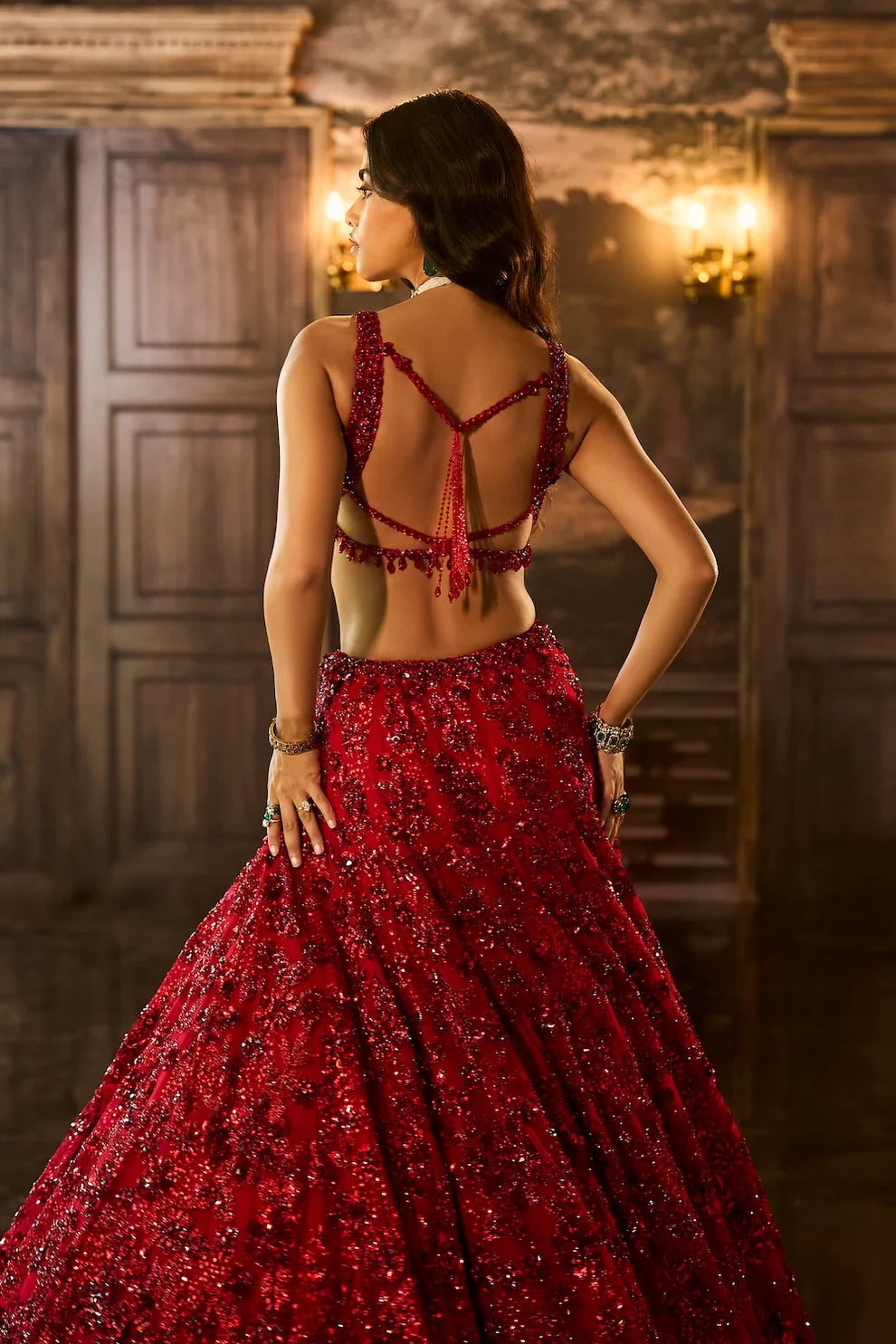 Seema Gujral - Red Sequin &amp; Crystal Lehenga Set