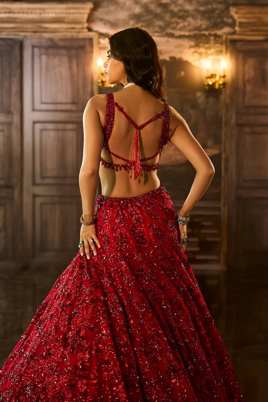 Seema Gujral - Red Sequin &amp; Crystal Lehenga Set