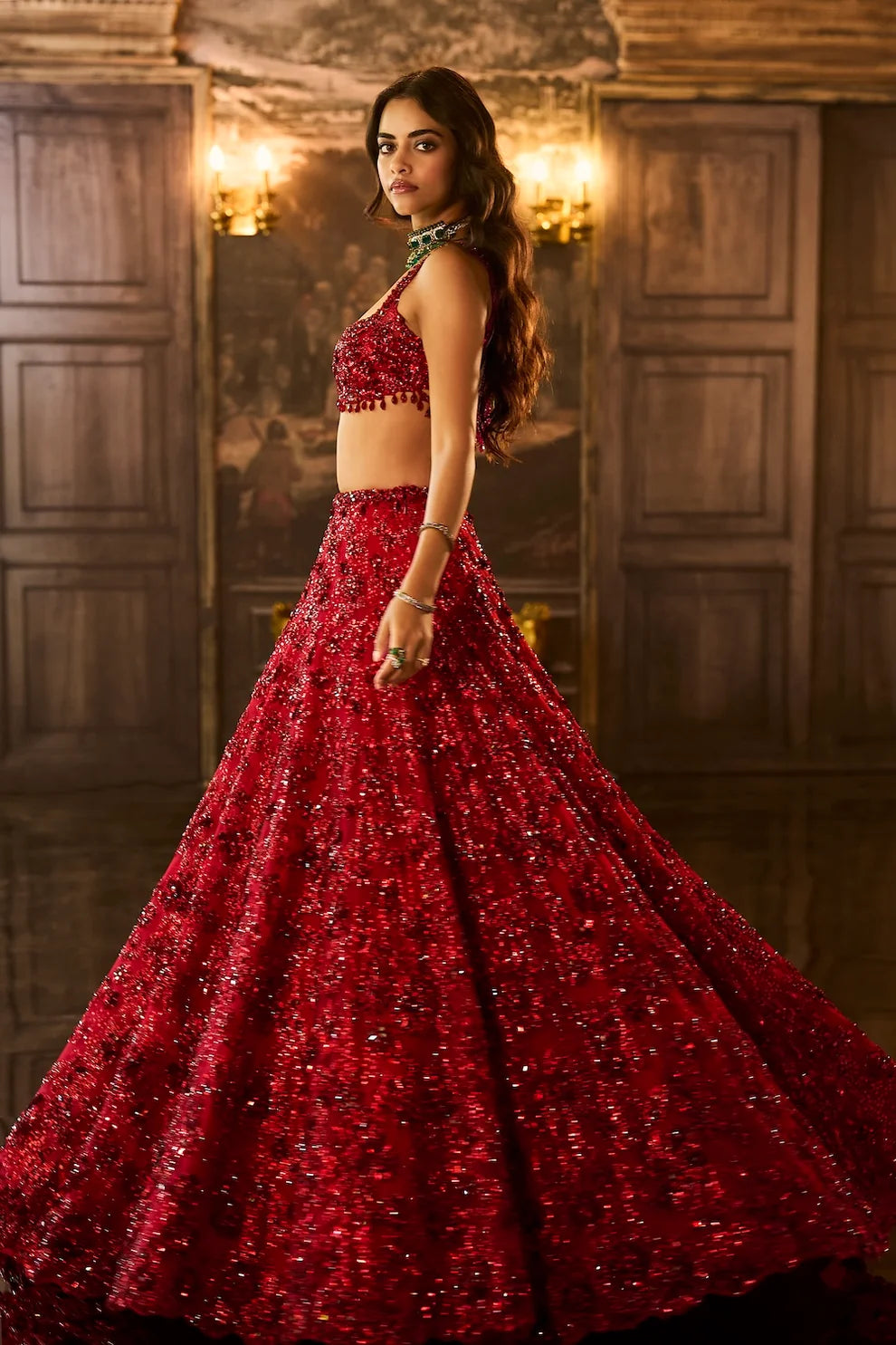 Seema Gujral - Red Sequin &amp; Crystal Lehenga Set