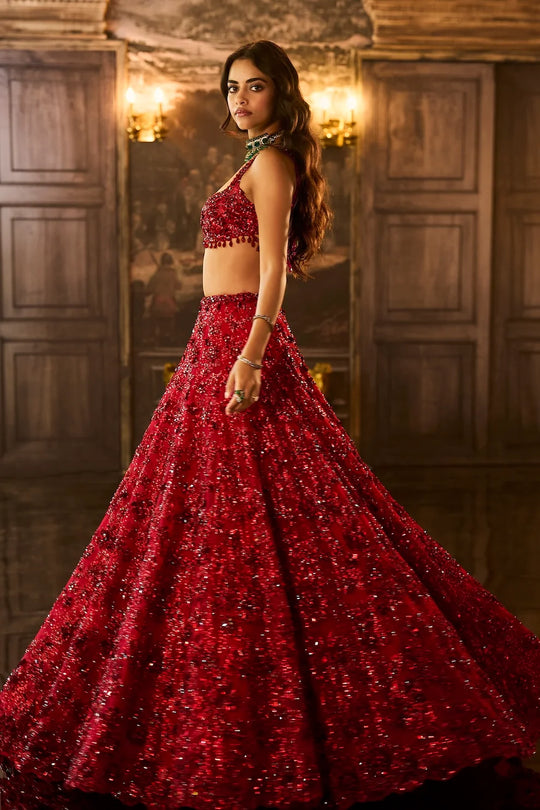 Seema Gujral - Red Sequin &amp; Crystal Lehenga Set