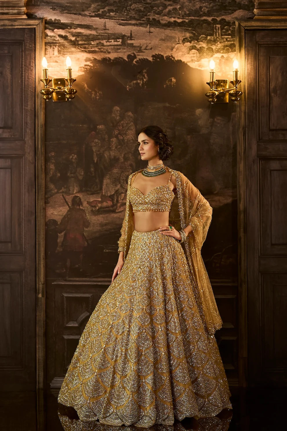 Seema Gujral - Gold Sequin &amp; Crystal Lehenga Set